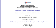 A certificate that says minority women business certification| Mind Escape vibe 