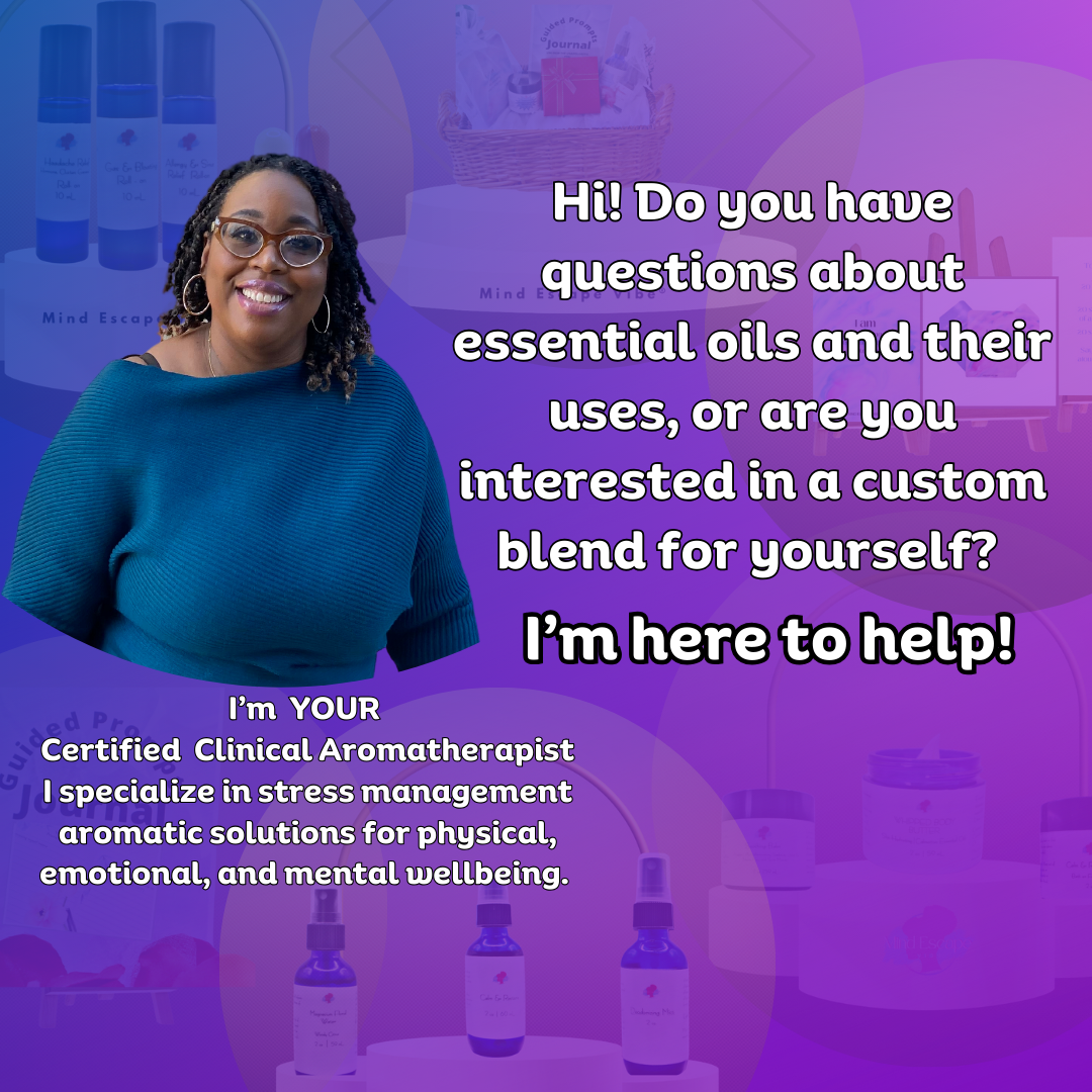 A woman is standing in front of a purple background with essential oils and their uses.