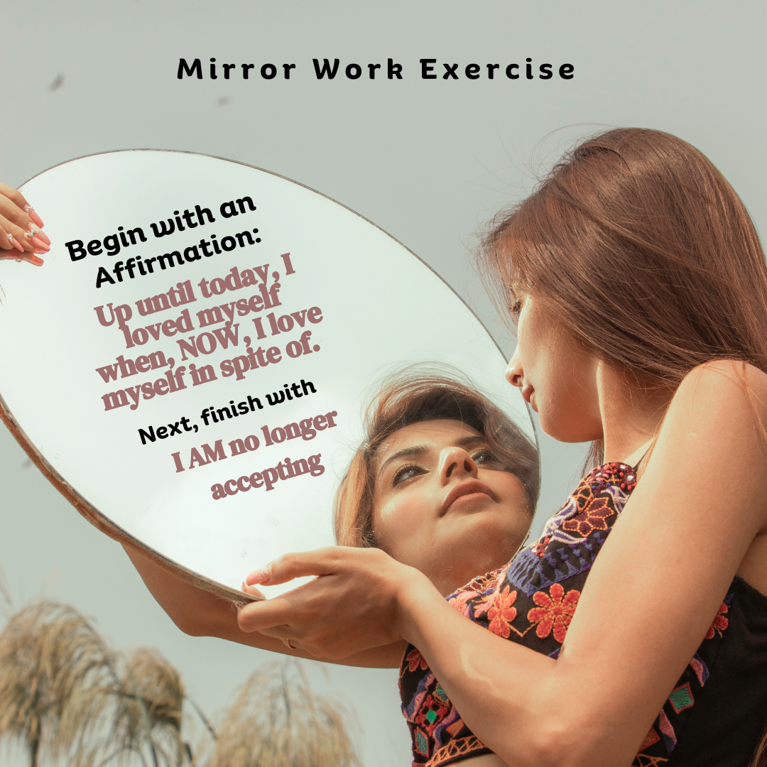 A woman is holding a mirror with an affirmation on it