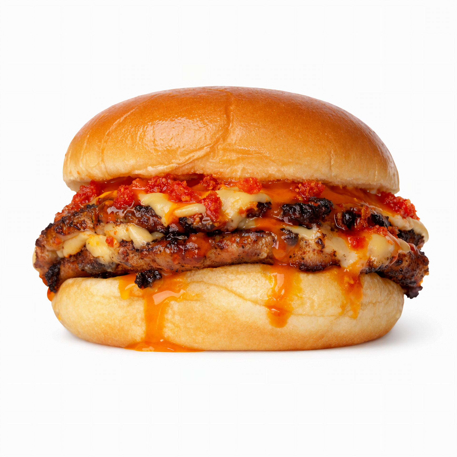 Buffalo Game Day — chicken smash burger with buffalo sauce and Cheetos corn flake crumble