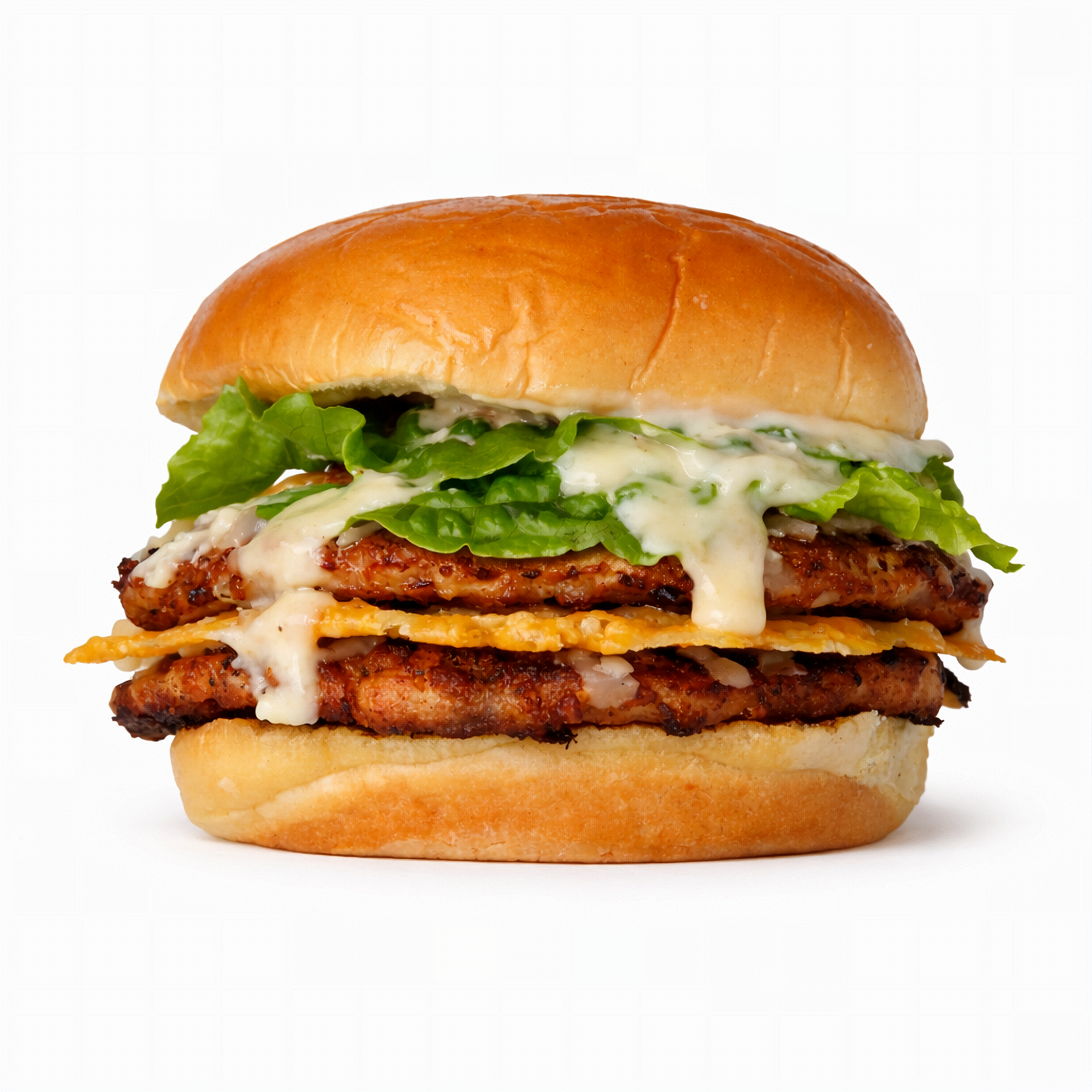 Caesar's Great Escape — chicken smash burger with caesar salad and parmesan lace crisp