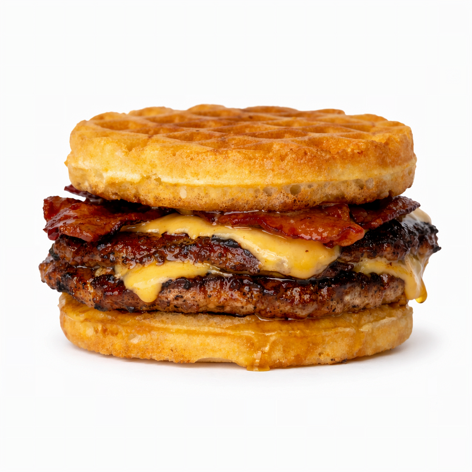 Chicken and Waffles — chicken smash burger with buttermilk waffles, bacon and hot honey