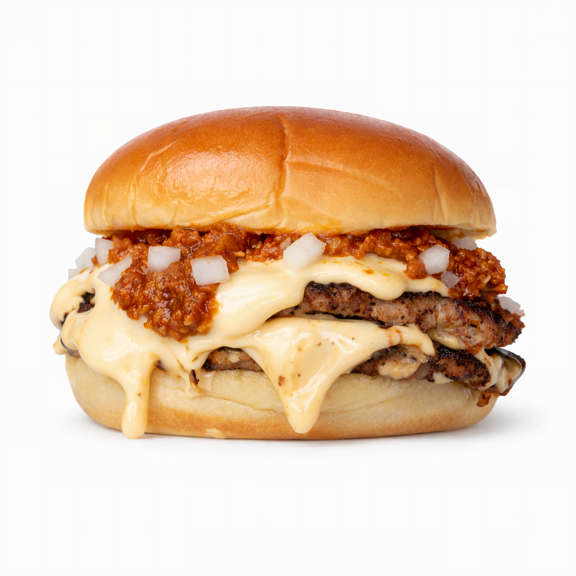 The California Chili Size — chicken smash burger with 18-spice chicken chili and aged cheddar