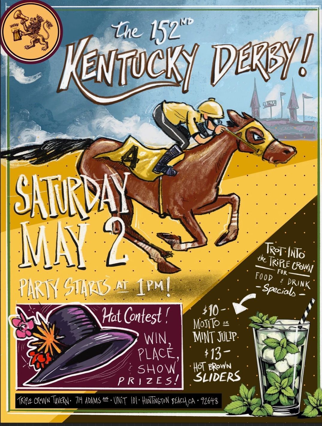 Kentucky Derby poster with a horse race and bold Saturday, May 2 text on a colorful sky-blue and yellow background