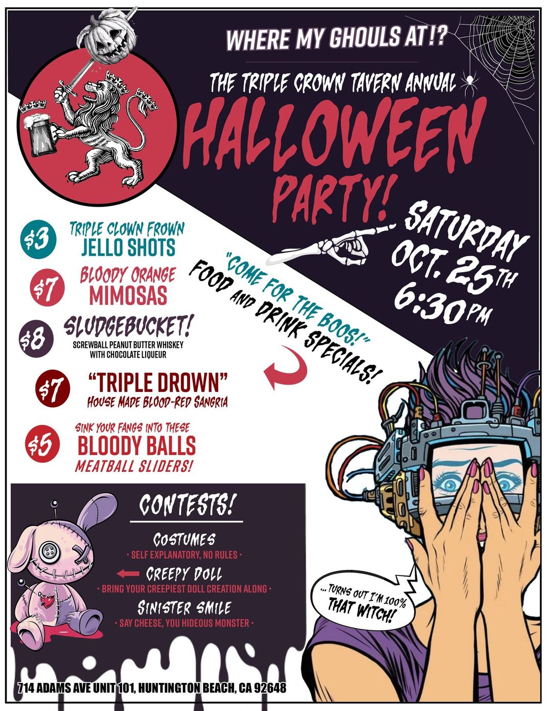 Halloween party flyer with spooky art and food/drink specials; Saturday, Oct 25th, 6:30 PM.