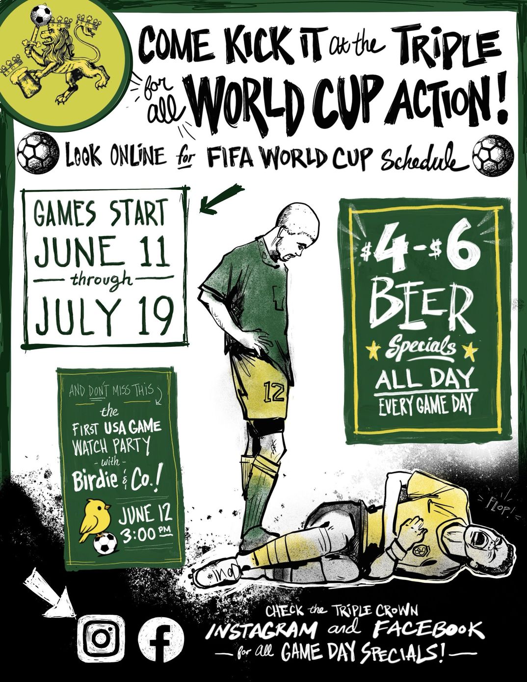 Watch the World Cup at Triple Crown Poster for BIER World Cup Specials: June 11–July 19, 4–6pm daily, with soccer player and beer details