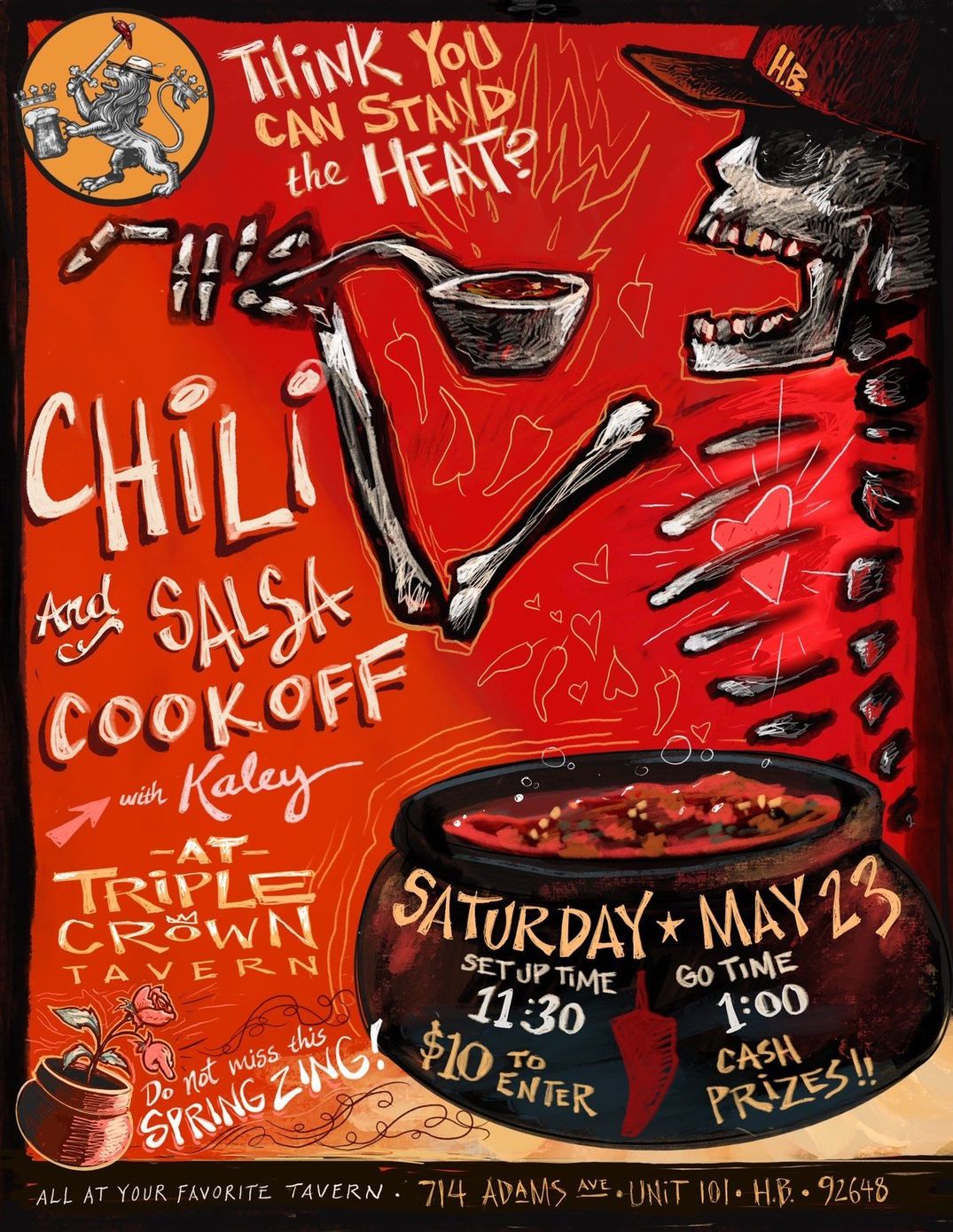 Red chili cook-off poster on a bright red background with bold hand-painted text and a steaming bowl of chili