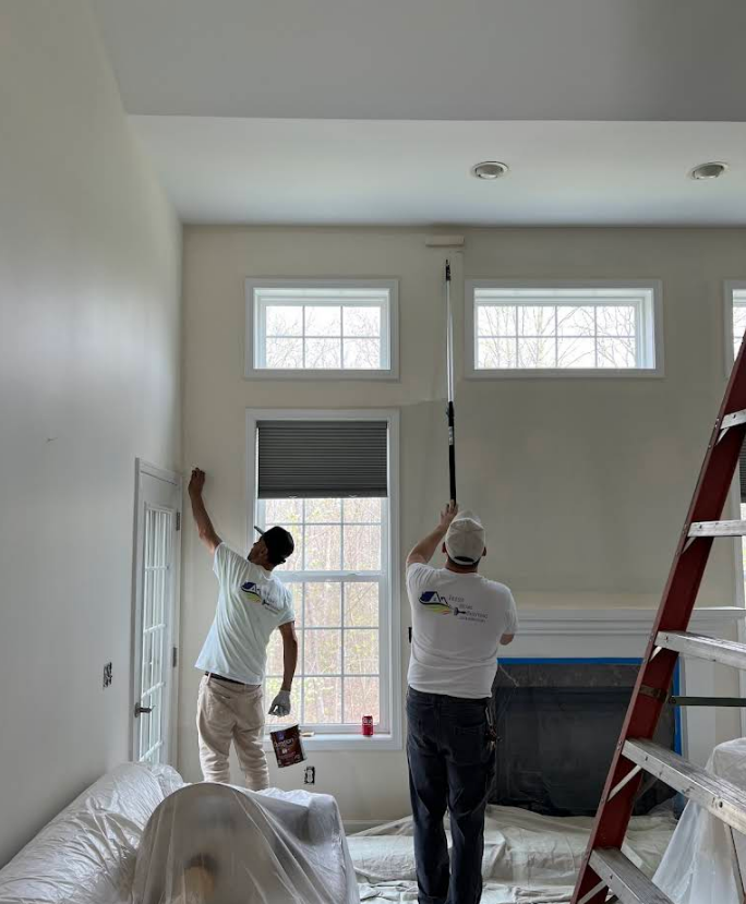 Two men are painting a living room with a ladder.
