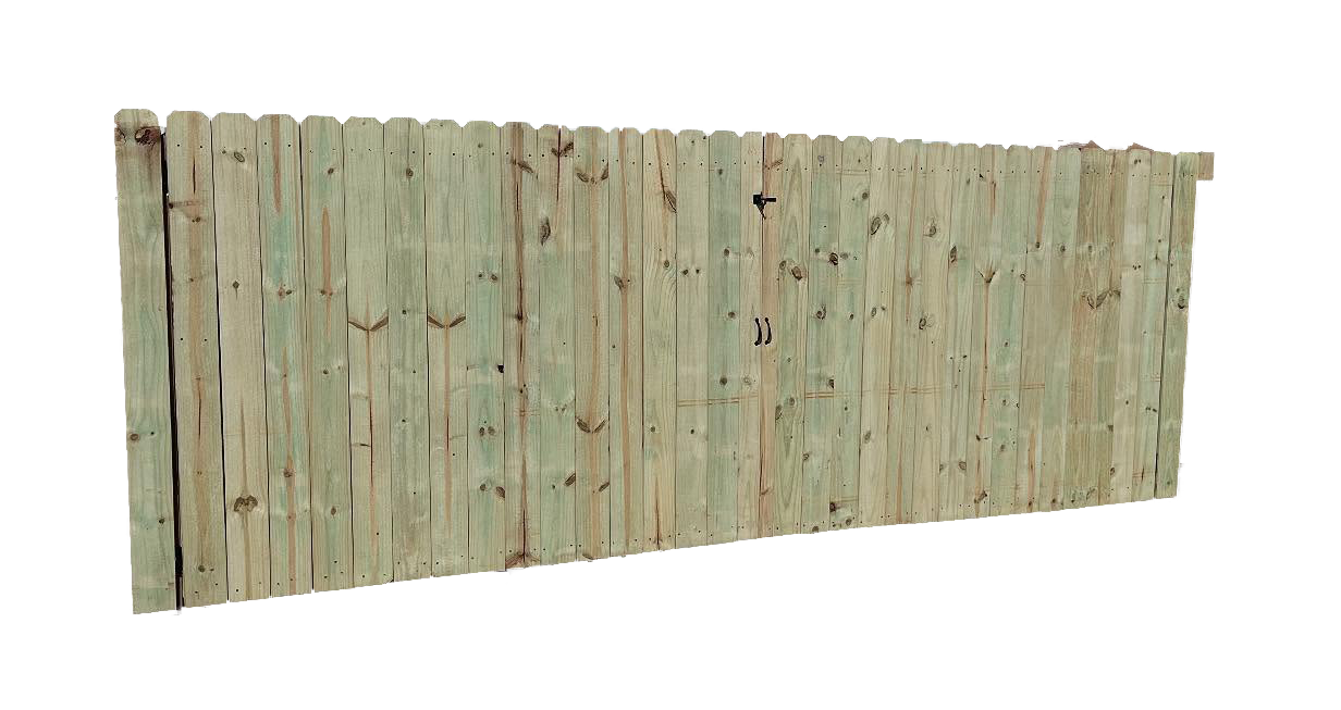 Wooden privacy fence with vertical planks, weathered green color.