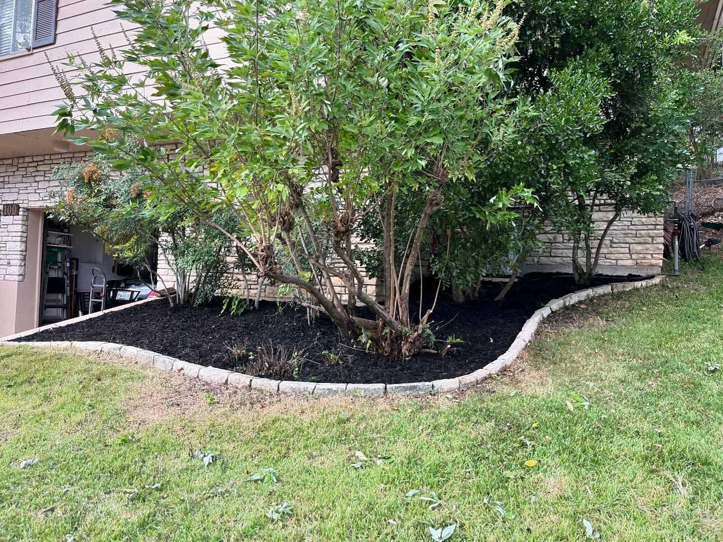 Lush green shrubbery in a garden bed with black mulch and a stone border, set against a house with light stone siding.