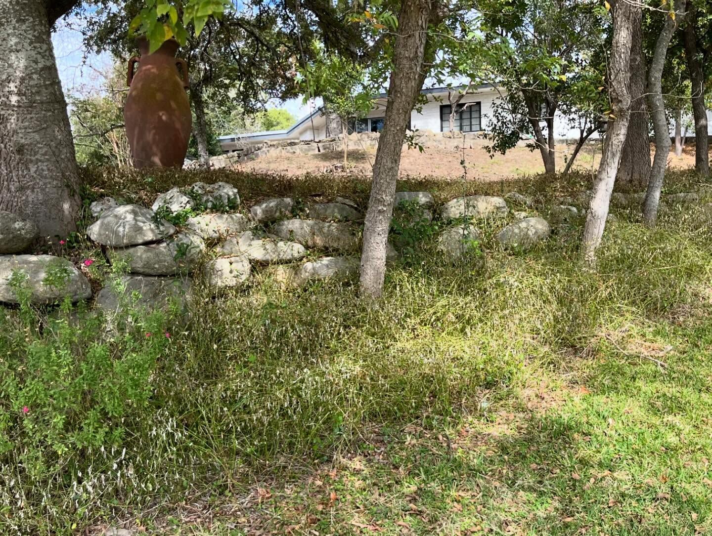 Stone wall with trees in front of a house, overgrown with grass.