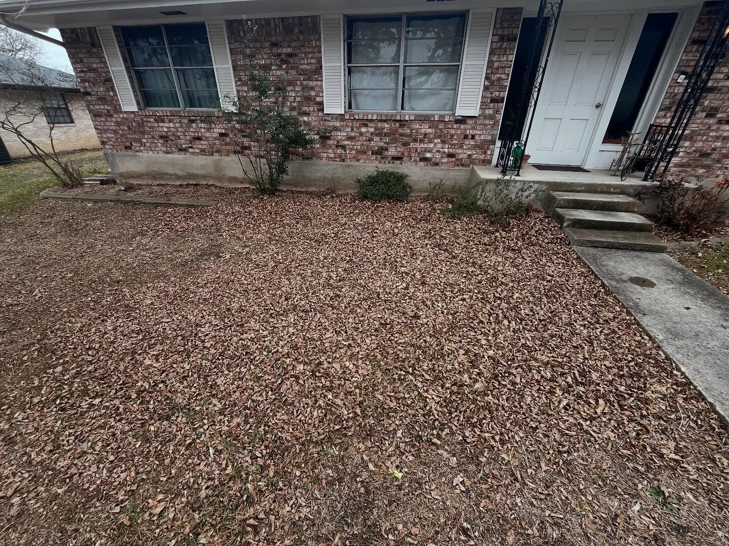 Exterior of a brick house with a lawn covered in fallen brown leaves. A concrete walkway leads to the front door.