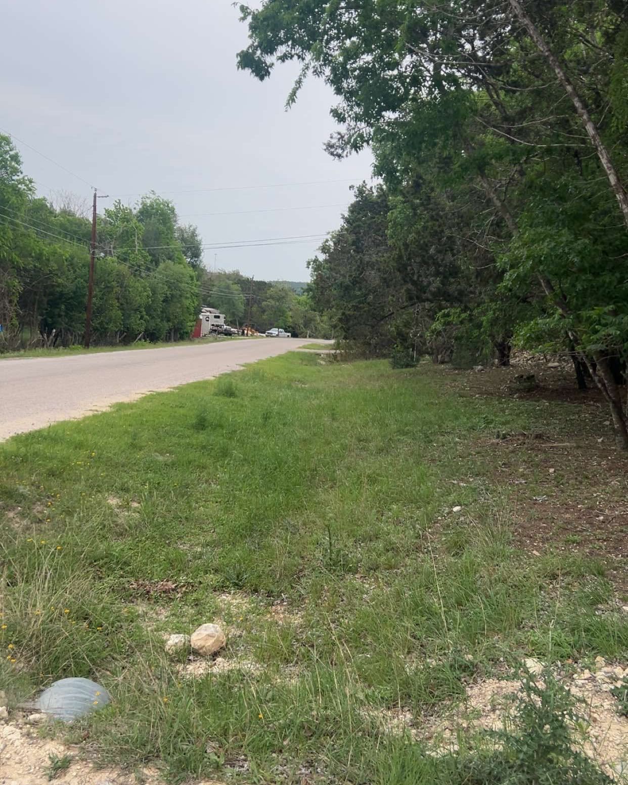Road lined with green grass and trees, overcast sky.