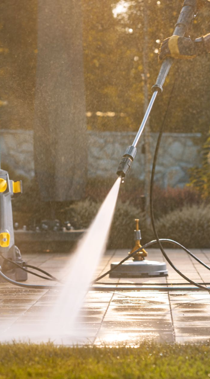 Pressure washer cleaning a patio. Sunlight, spraying water, stone pavers.