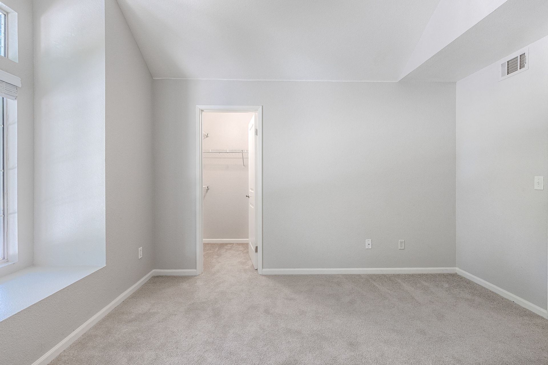 Empty gray bedroom with carpet, a large window, and a walk-in closet.