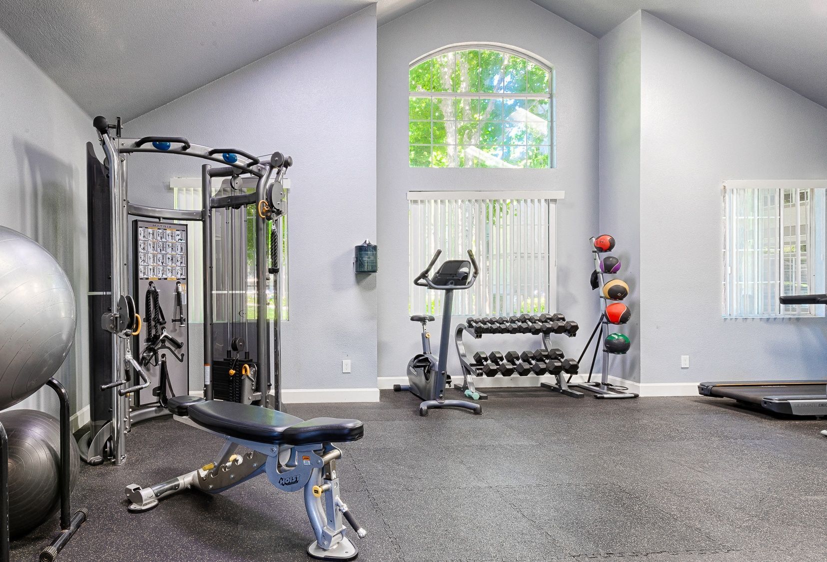 Indoor apartment community gym with weight machines, free weights, medicine balls, a stationary bike, and a treadmill.