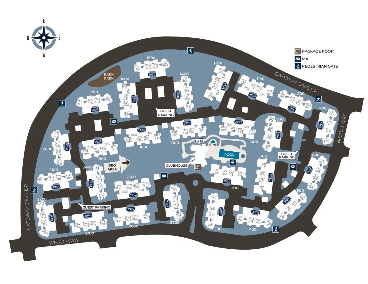 Apartment complex map with building layouts, streets, and amenities; blue and gray color scheme.