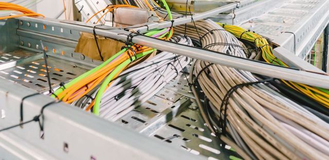 Open server rack with bundled network cables and patch cords