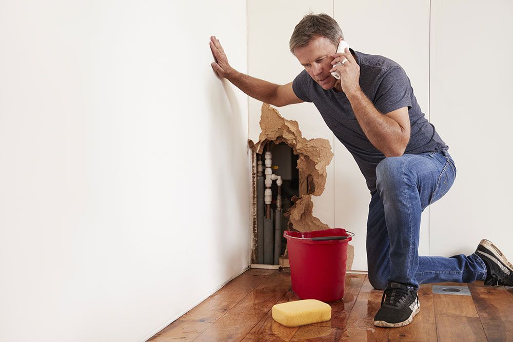 A woman is kneeling on the floor in a kitchen looking at mold on the wall.