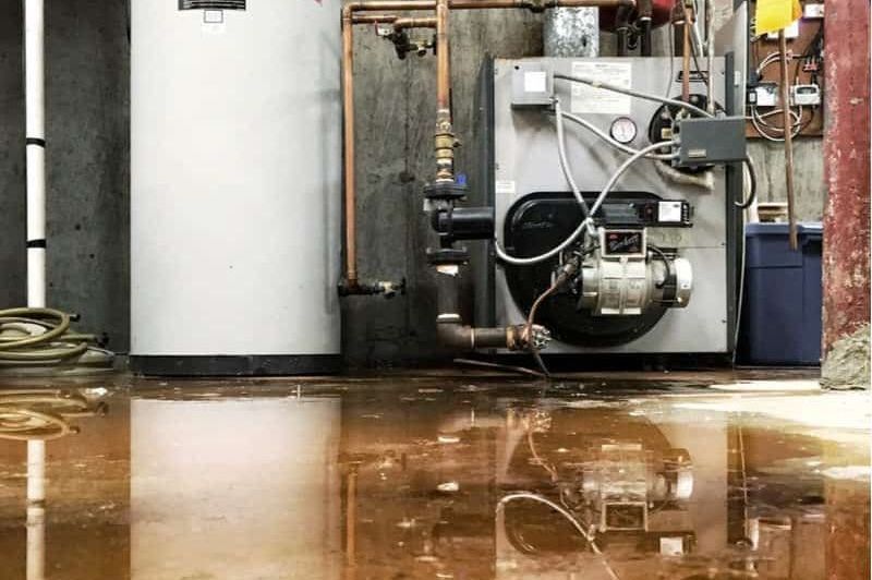 A woman is kneeling on the floor in a kitchen looking at mold on the wall.