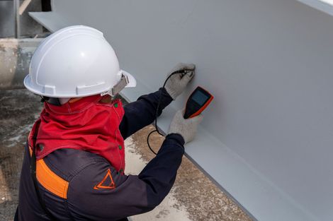 A man wearing a hard hat and gloves is using a device to measure the thickness of a wall.