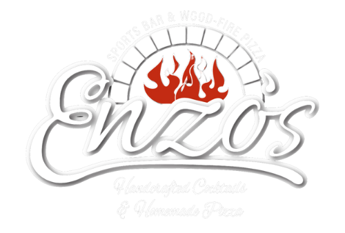 The logo for enzo 's is a white logo with a red flame on it.