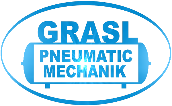 Logo für Grasl Pneumatic Mechanik, mit blauem Text in einem blauen Oval mit einer panzerförmigen Grafik.