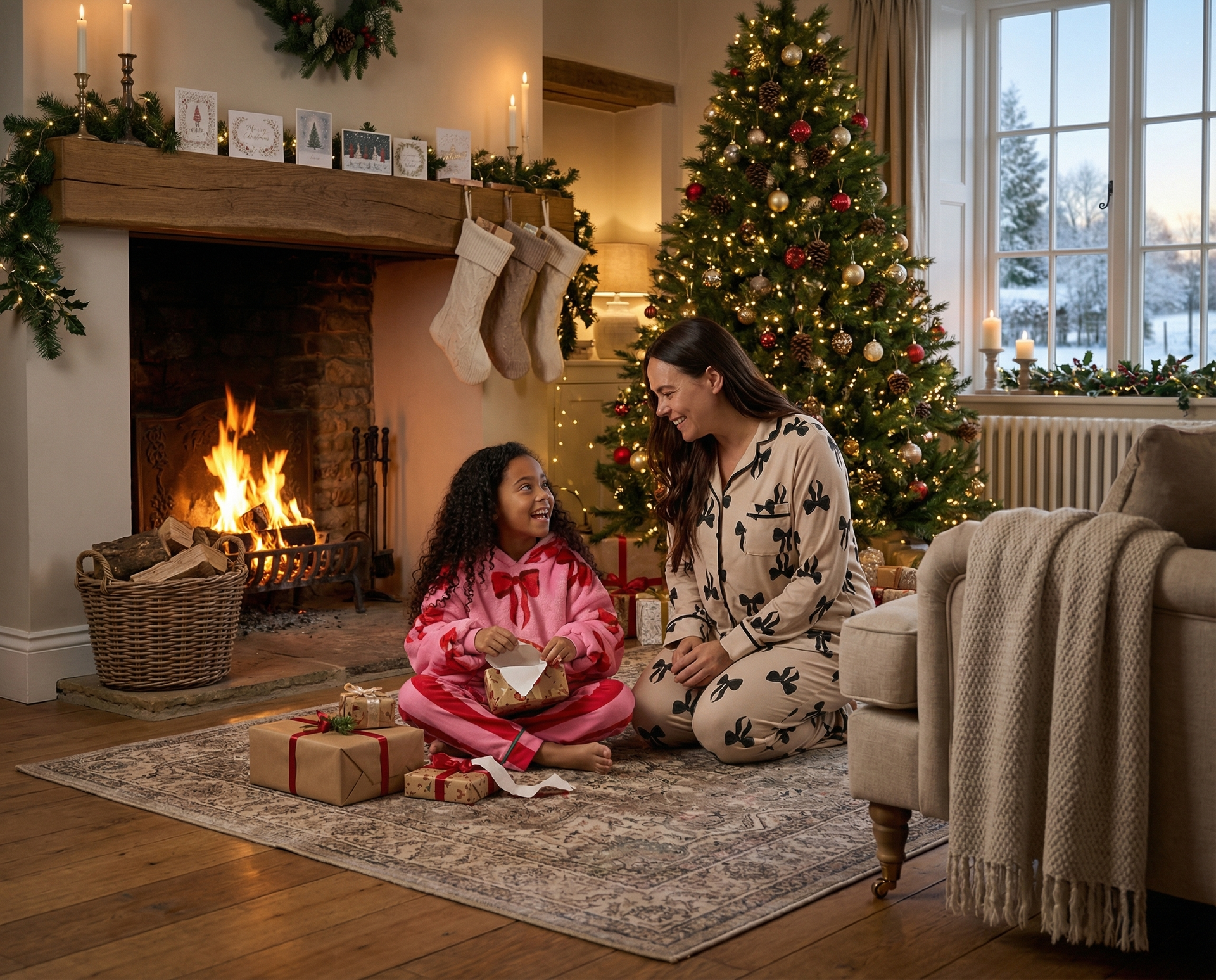 Woman and child opening gifts by fireplace and Christmas tree.