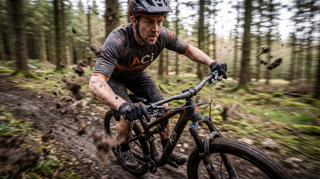Mountain biker riding through muddy forest, splashing dirt.