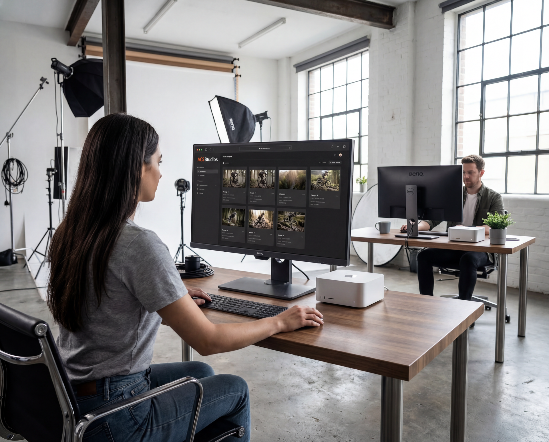 Woman reads on gray sofa, living room with art, wooden furniture, window, and yellow throw. Created ai