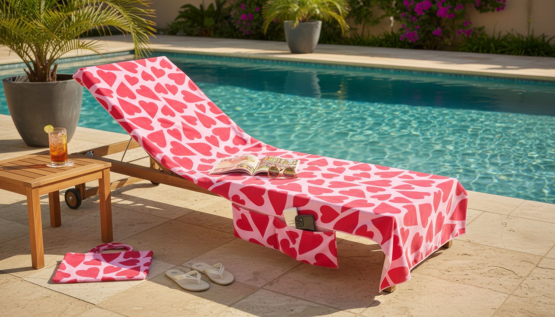 Lounge chair by a pool covered in a pink heart-patterned towel.  Drinks and sandals are nearby. Created in Ai by ACi Studios