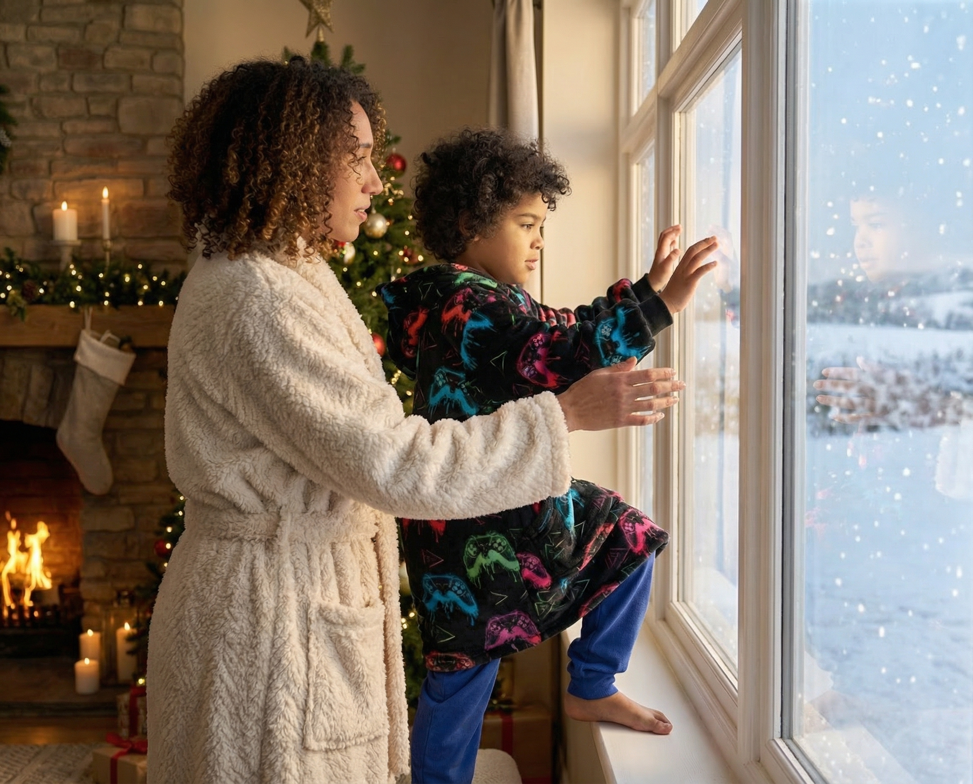 Woman and child looking out a window at snow, Christmas tree and fireplace in background.