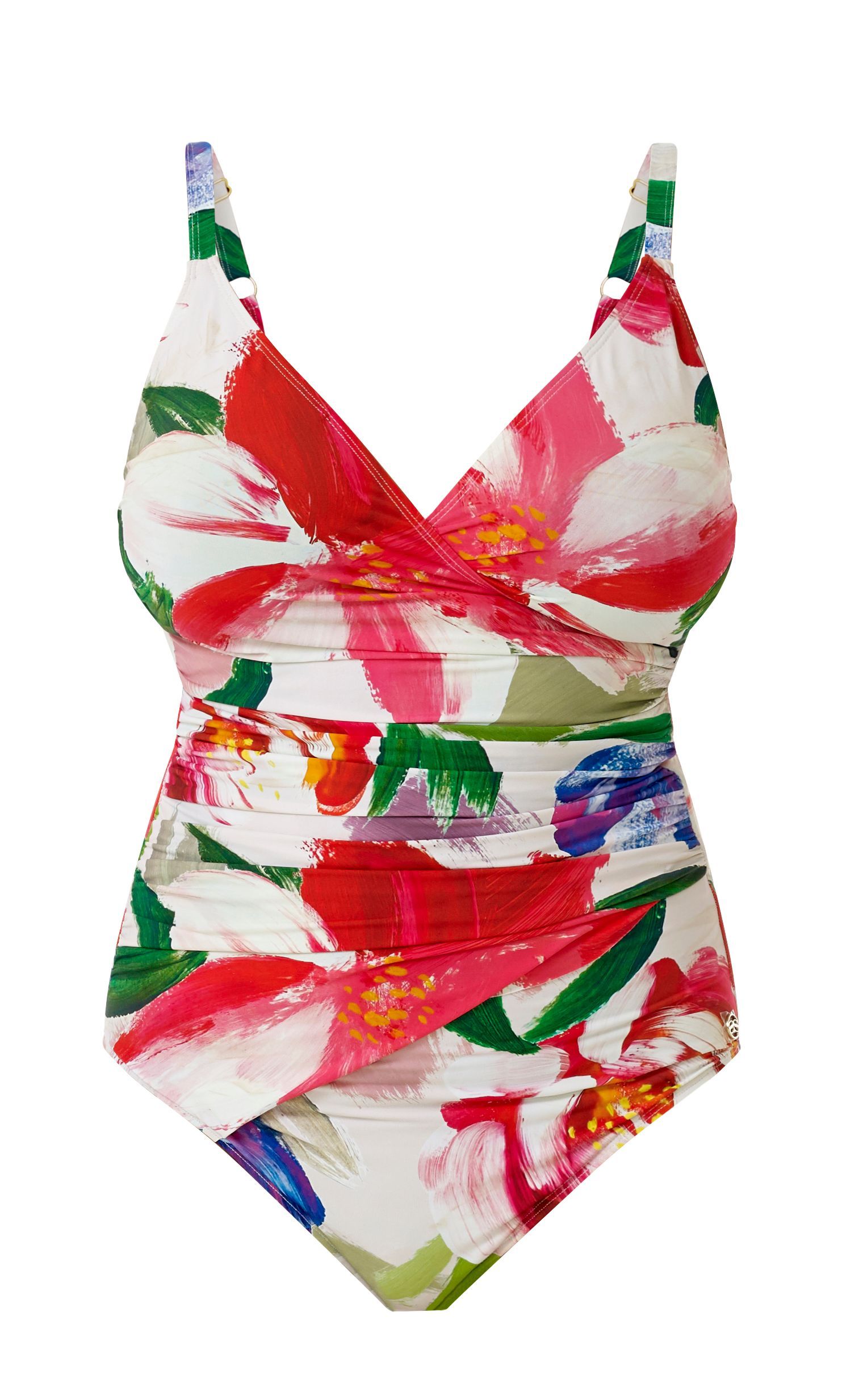 Floral print one-piece swimsuit with red, pink, green, and blue flowers on white background.