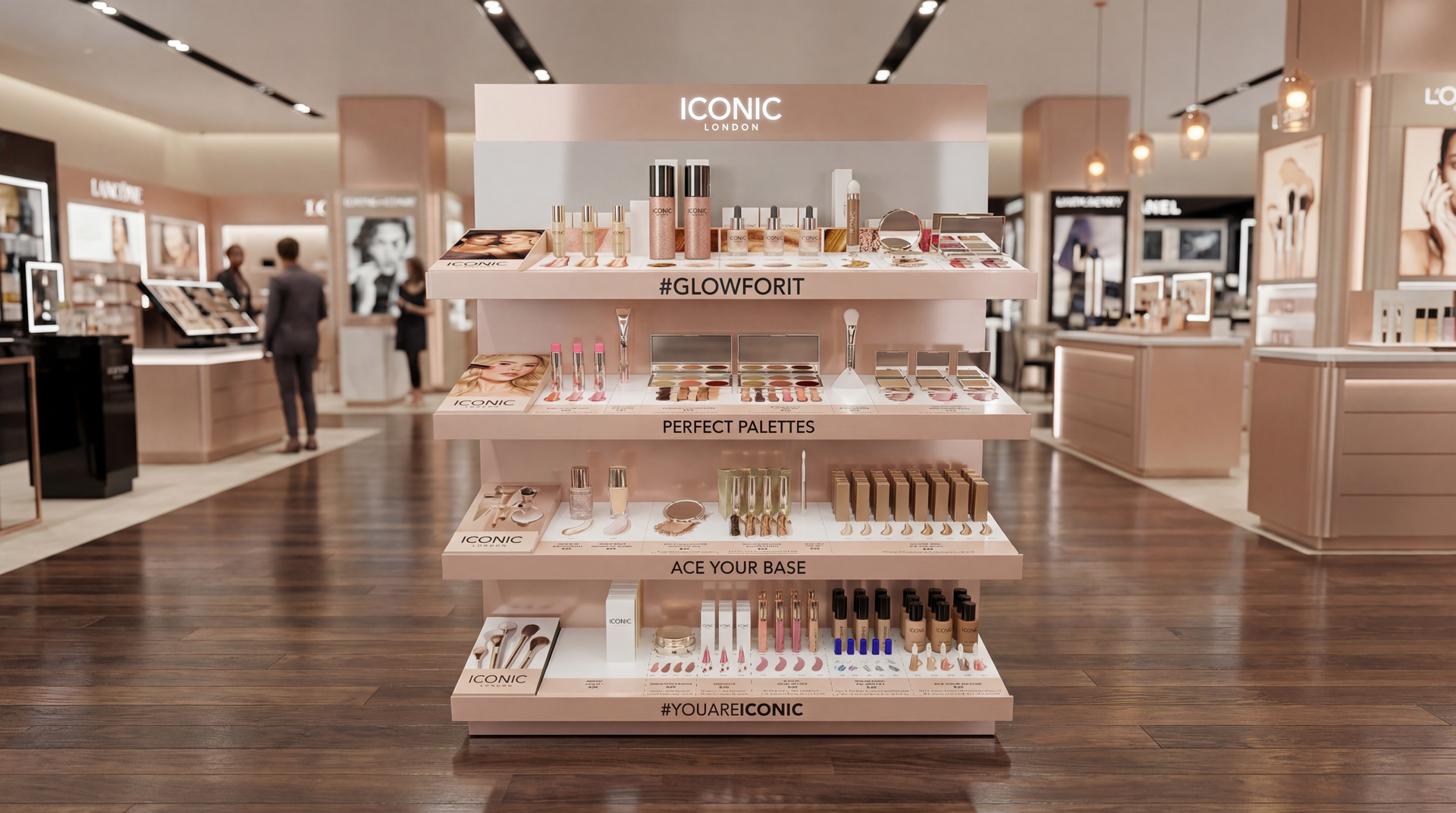 Makeup display in a department store. Pink shelving units hold various cosmetic products. People browse.