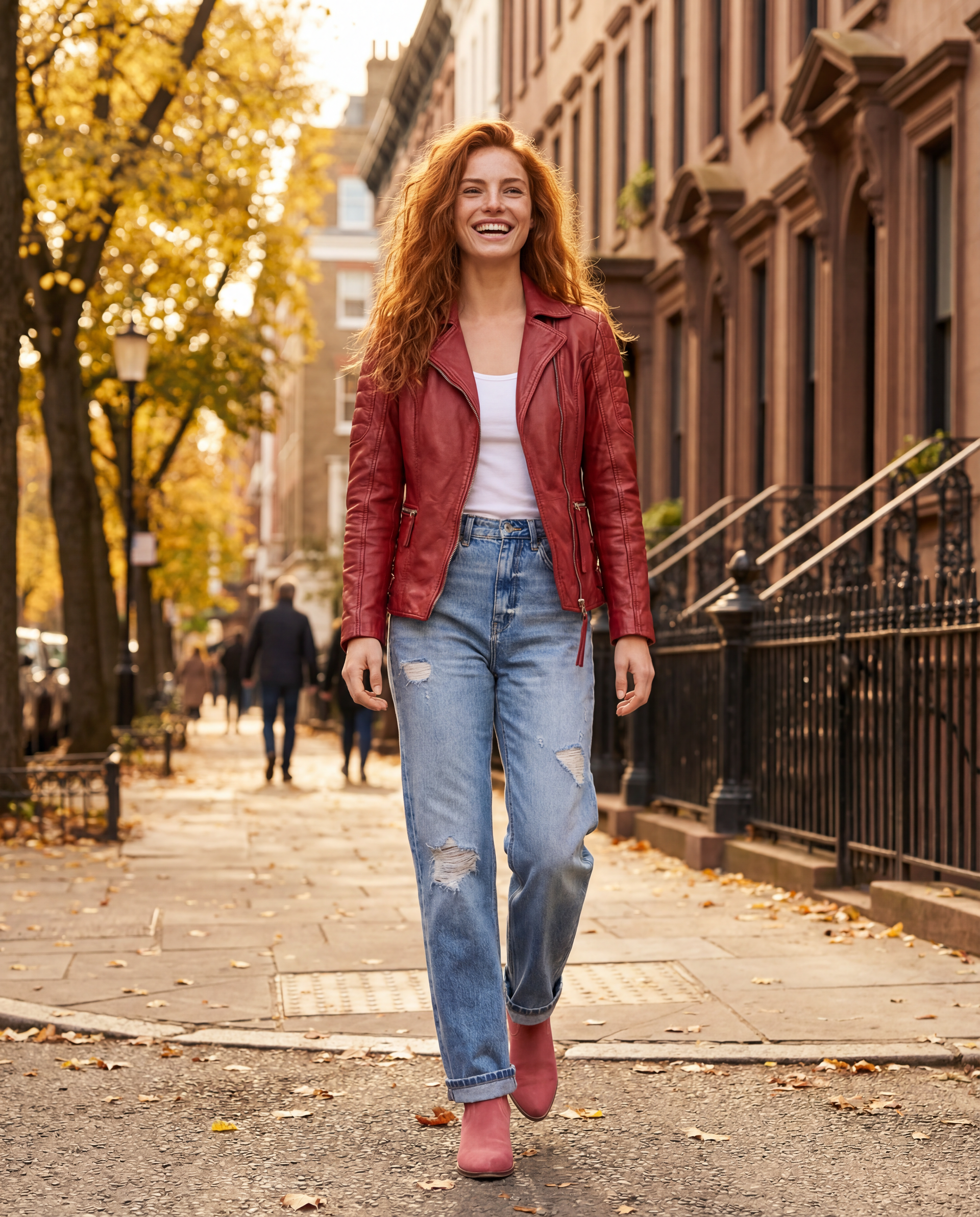 Woman with red hair and leather jacket walks down city street.