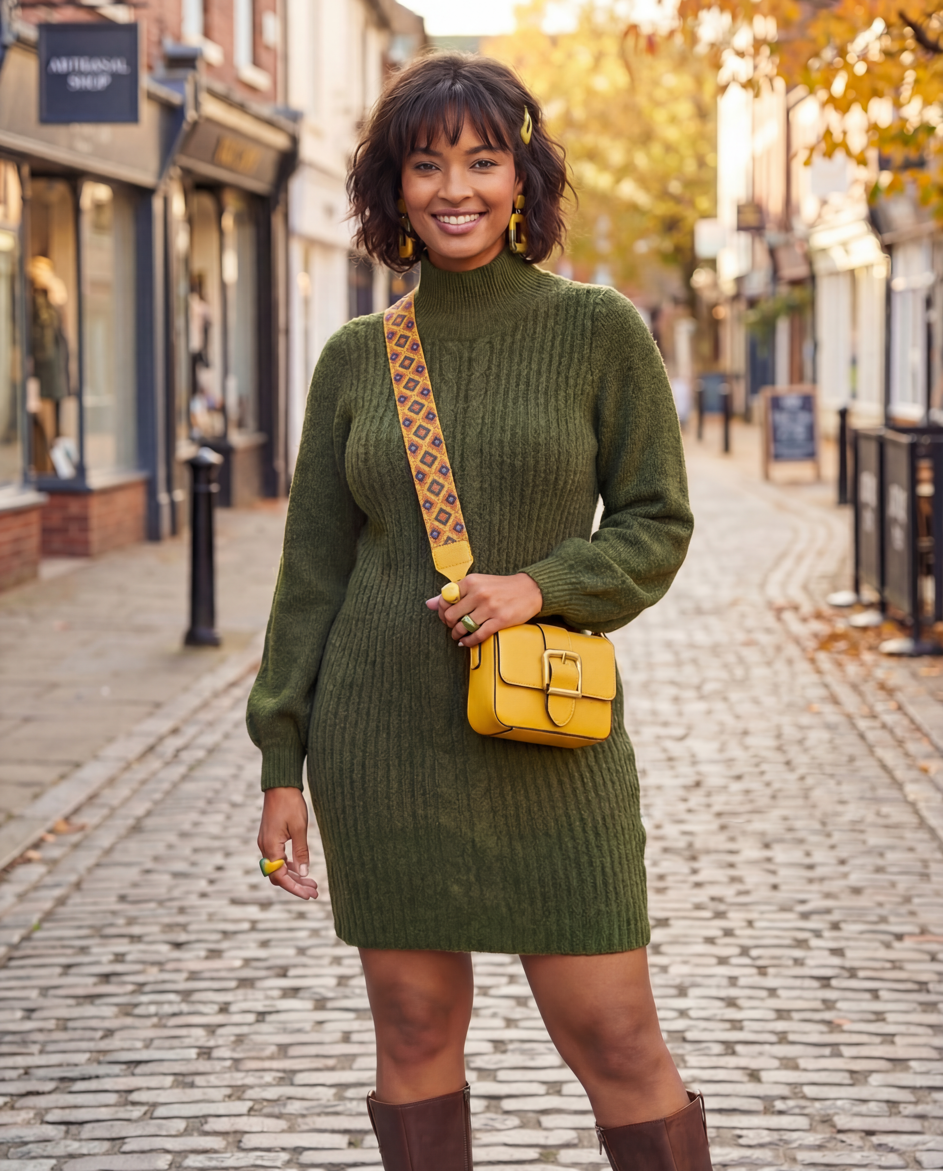 Woman in green knit dress and yellow bag, smiling on a brick street.