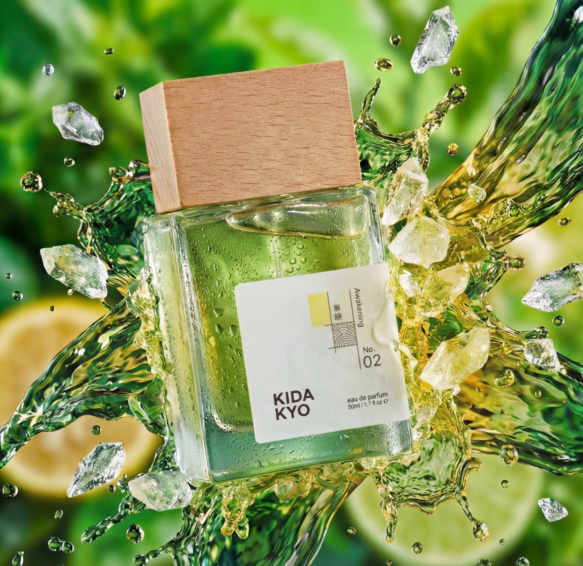 Perfume bottle surrounded by a green splash with lemons and ice crystals; the label says 