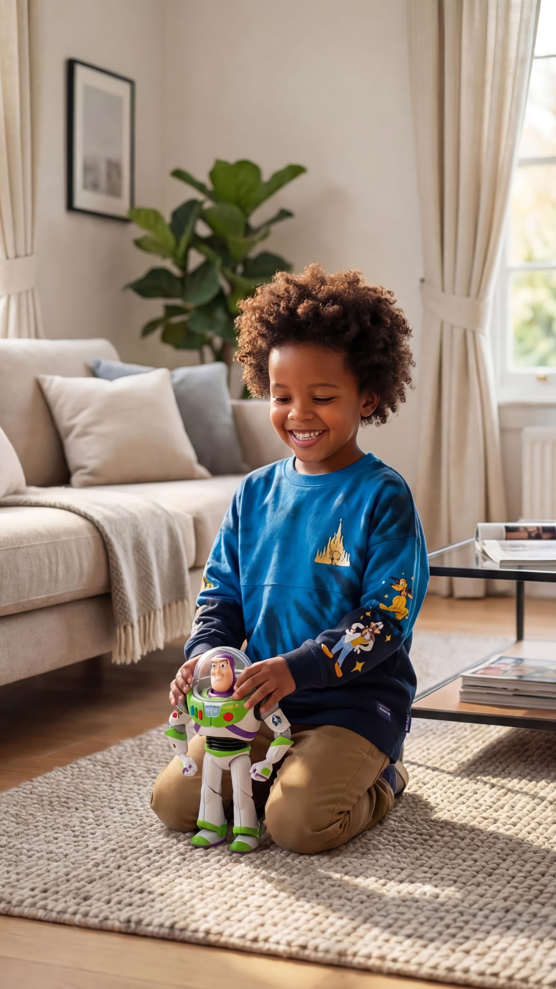 Boy kneels with a Buzz Lightyear toy in a living room, smiling.
