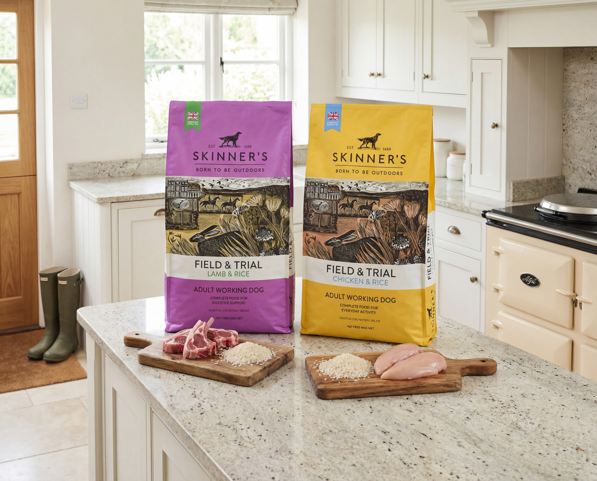 Two bags of dog food on a kitchen counter with raw meat and rice.