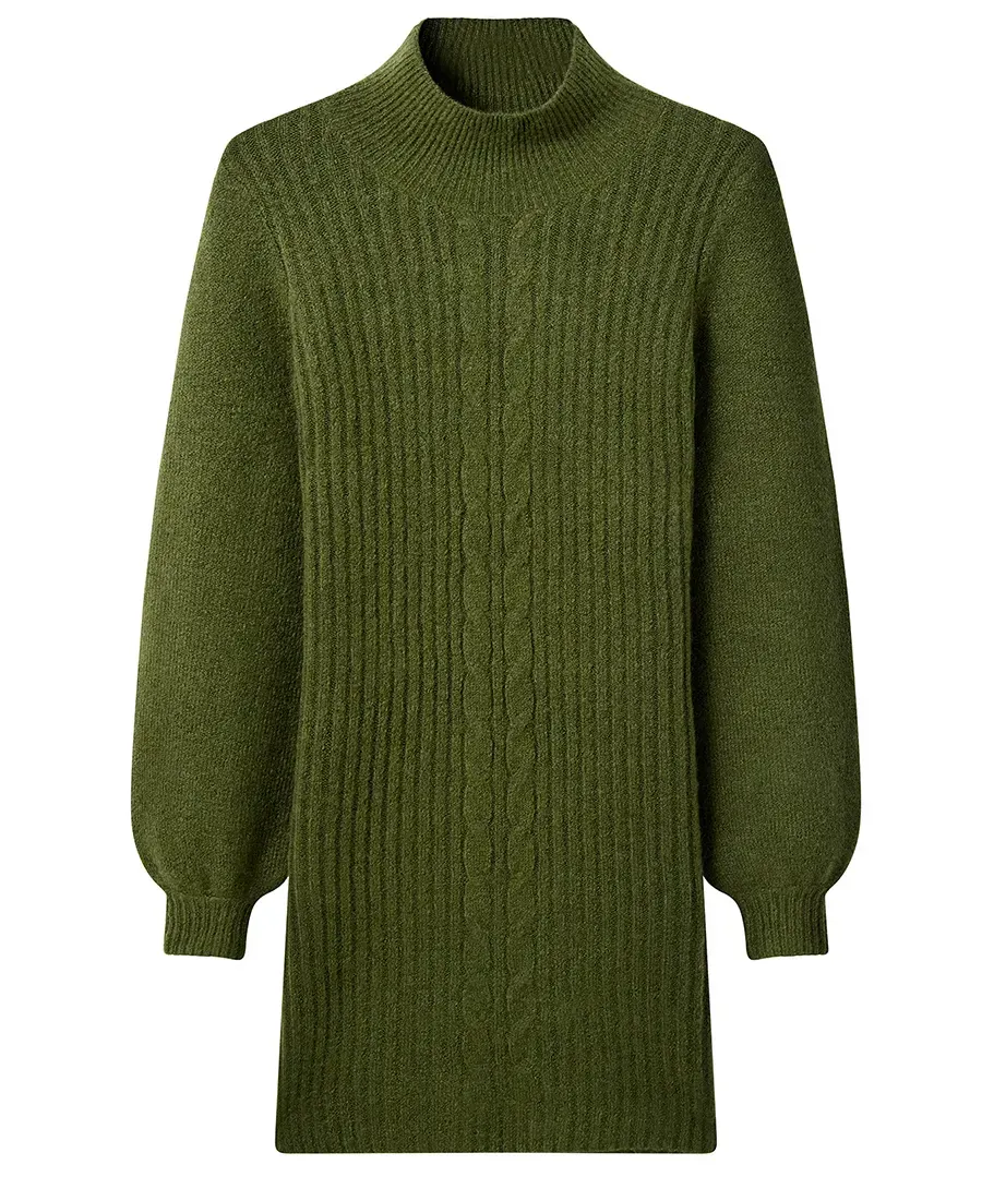 Green knit sweater dress with long sleeves and mock neck.