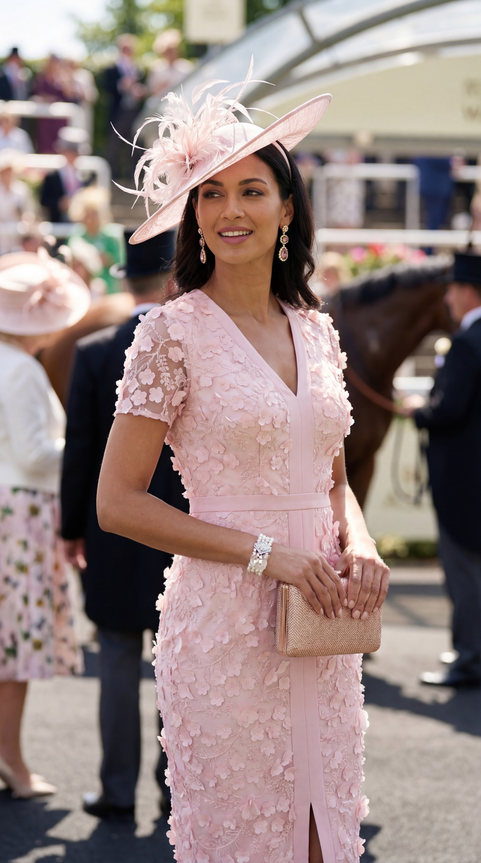 Woman in pink dress and hat at horse race; smiling, holding a purse.