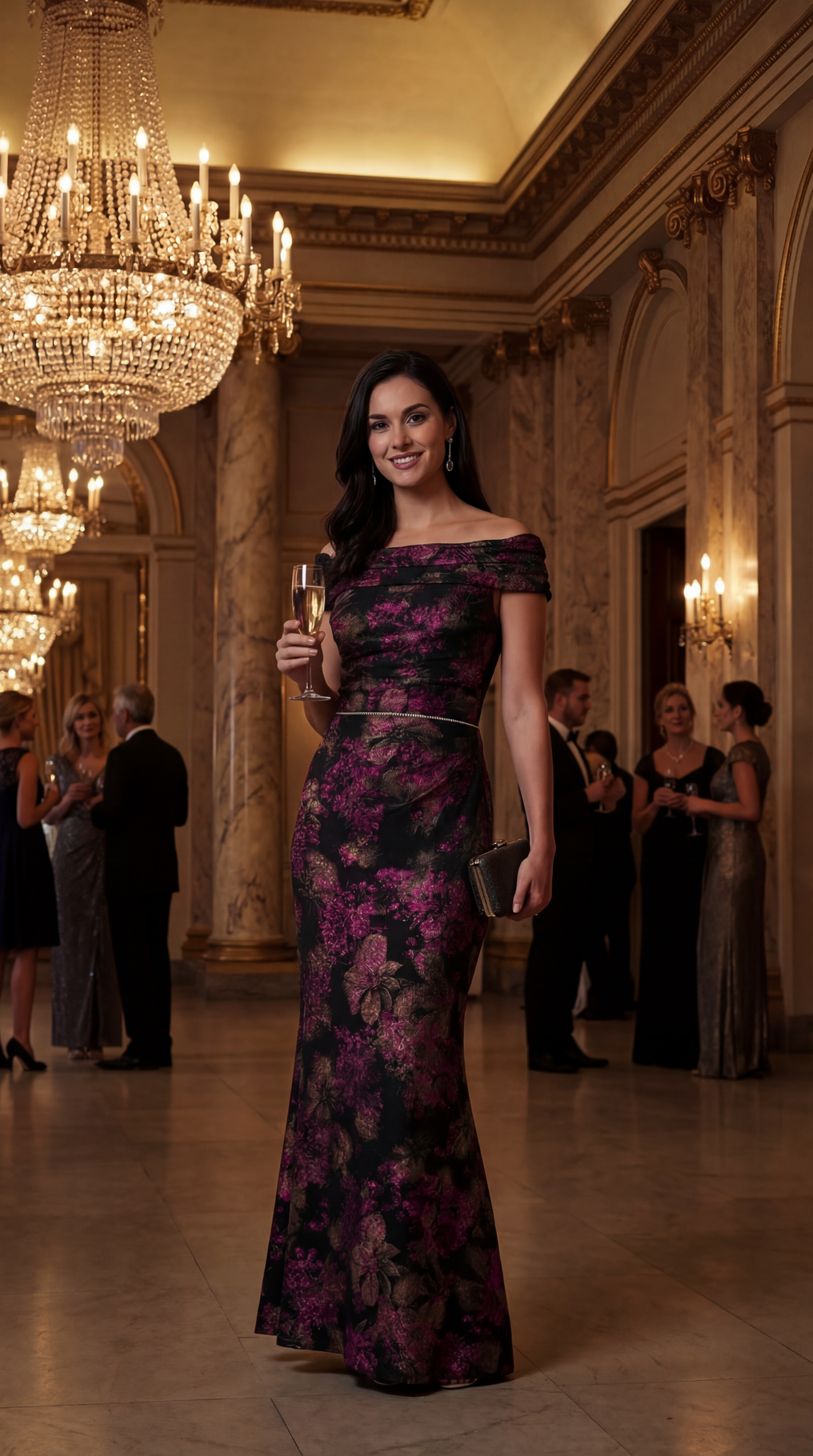 Woman in a formal gown holding a champagne glass in a ballroom. Created perfectly using Ai.