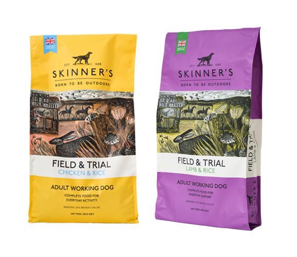 Two bags of Skinner's Field & Trial dog food: Chicken & Rice (yellow) and Lamb & Rice (purple).
