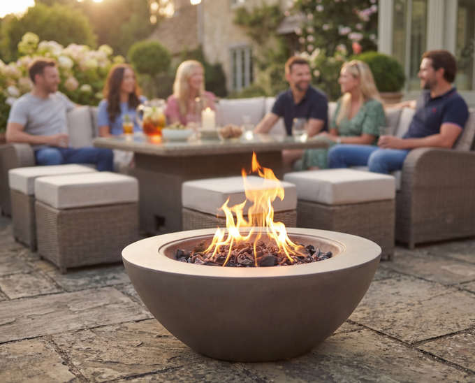 Fire pit with flames, six people gathered around a table outdoors at dusk.