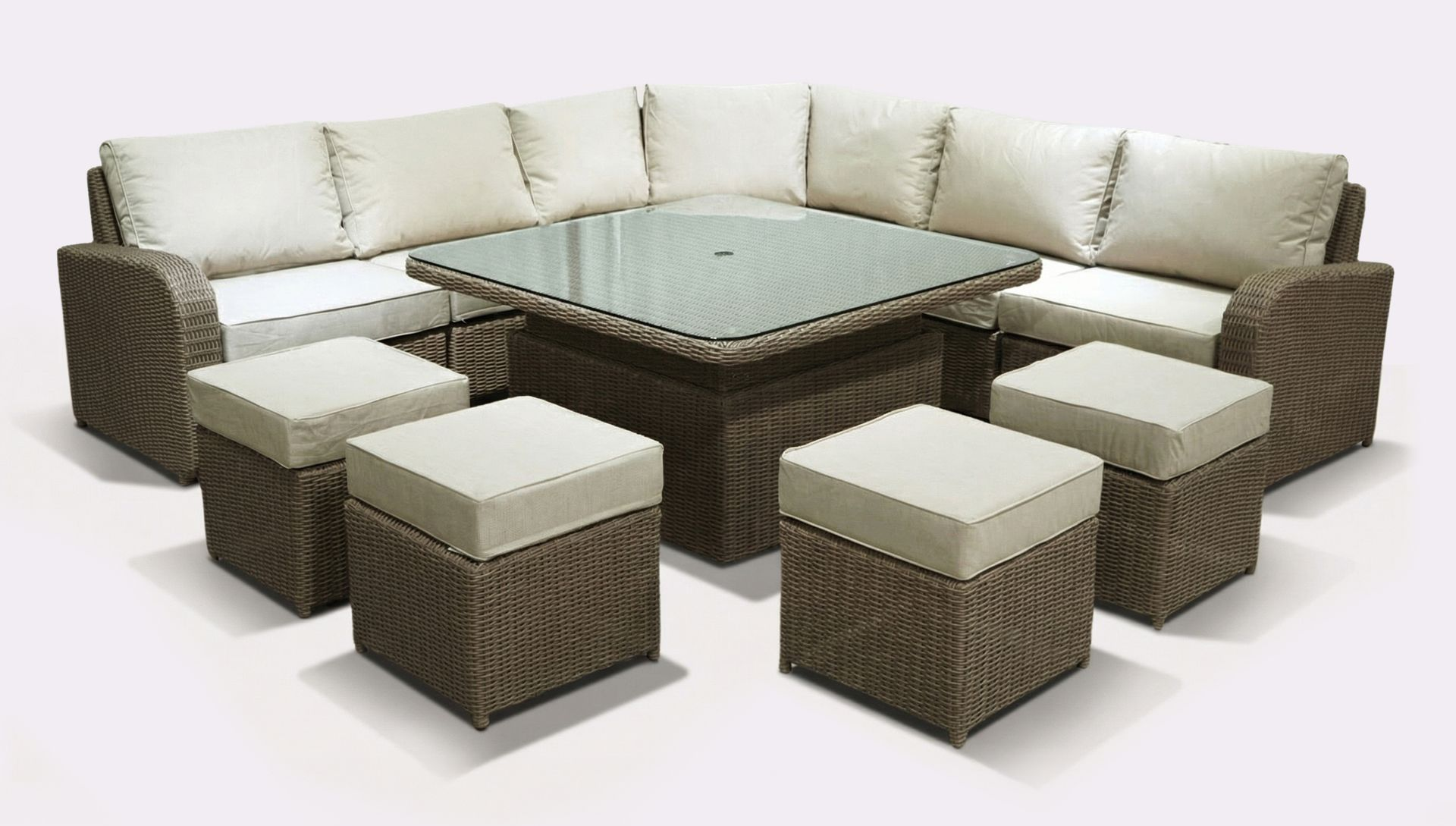 Wicker sectional sofa with ottomans and a square table on a white background.