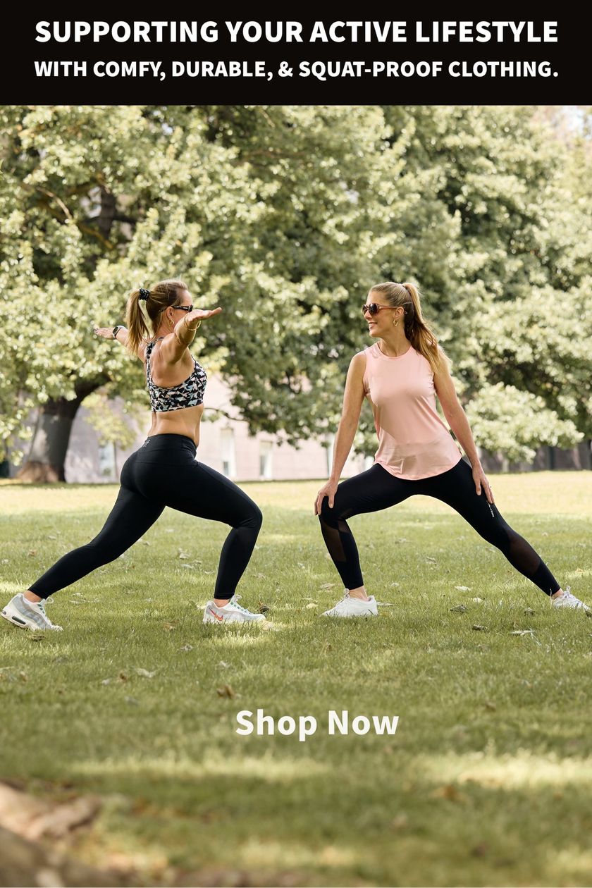 Two ladies exercising in the park, both wearing Happy Healthy Fitness designed activewear  