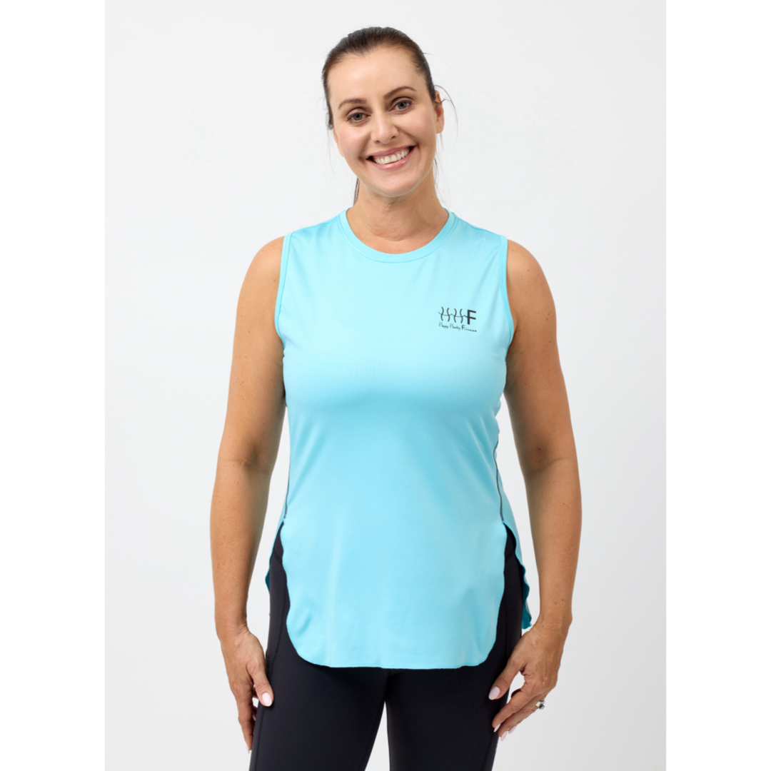 lady wearing stunning colour angel blue and black tank top which emphasis slim body shape