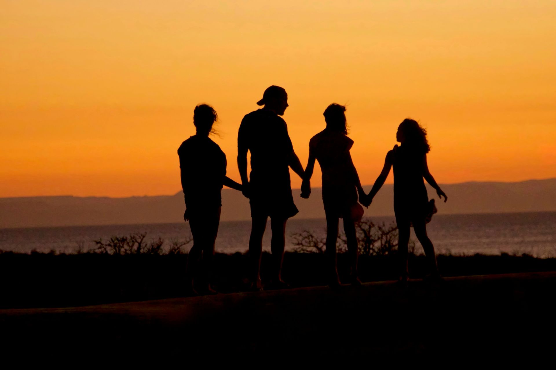 A silhouette of a family holding hands against a sunset backdrop near the ocean.