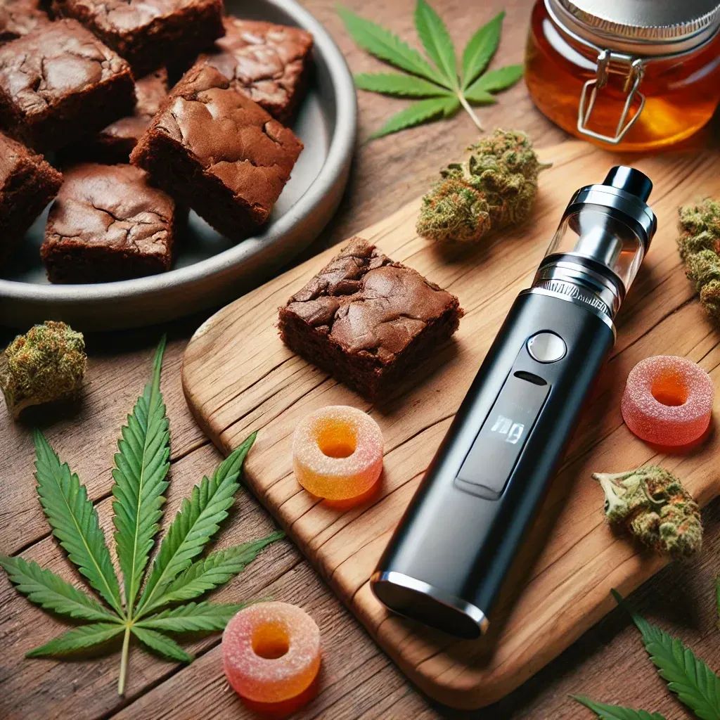 A flat-lay composition featuring cannabis-infused edibles and a vaporizer.