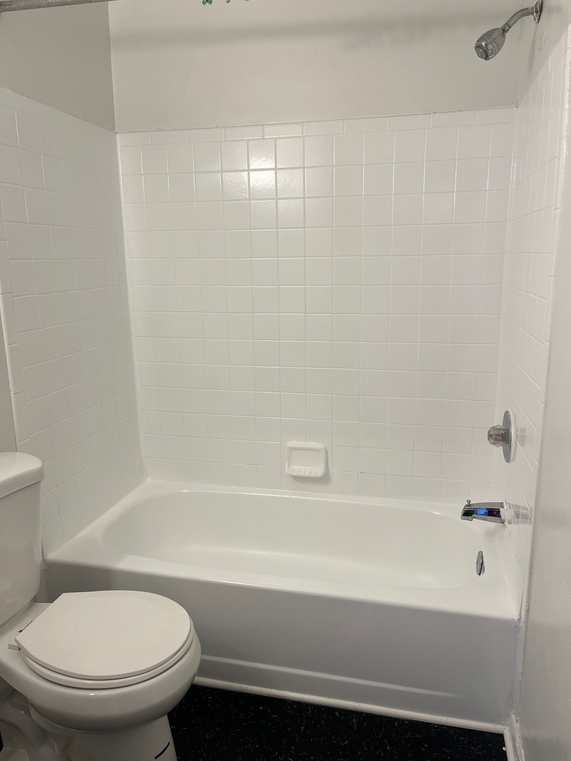 A bathroom with a toilet , bathtub and shower.